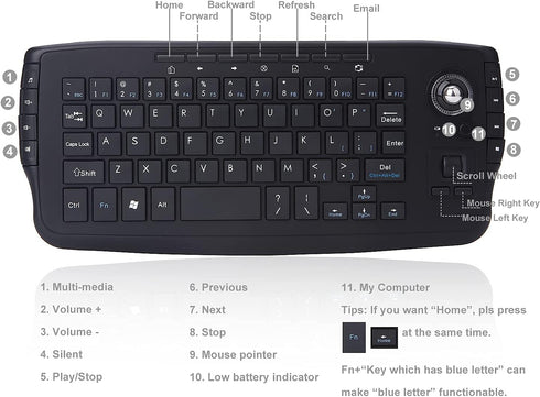 Multimedia Wireless Mini Keyboard with Trackball Mouse, 2.4Ghz, Scroll Wheel for PC, Mac, Android TV Box, Black