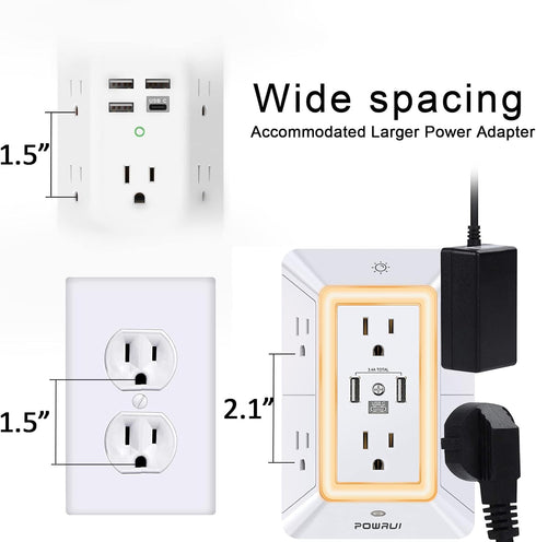 Multi Plug Outlet Surge Protector, POWRUI 6 Outlet Extender with 3 USB Ports and Night Light