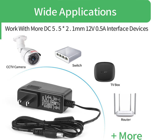Security-01 2-Pack AC to DC 12V 0.5A Power Supply Adapter for CCTV Camera, Speaker, Router