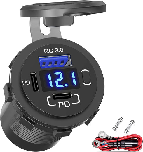12V USB Outlet Qidoe USB C Car Charger Socket Dual PD 30W and 18W QC3.0 Port with Voltmeter Button Switch, Lengthened