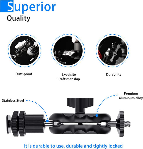 Magic Arm Cool Ballhead Double Ball Head Adapter with 1/4’’ Screw & Cold Shoe Mount - 2 Pack for Cameras