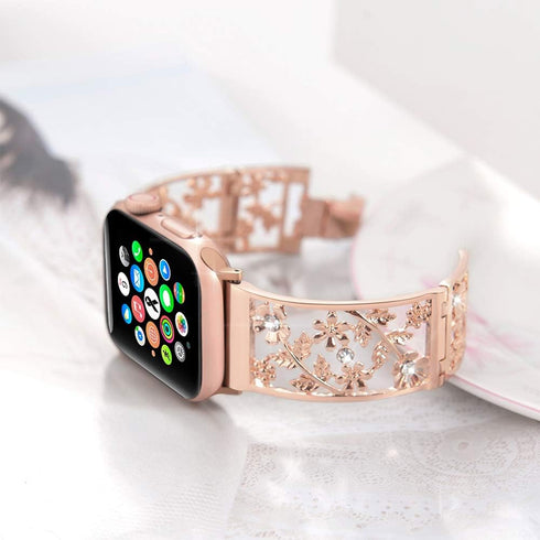 Floral Band Compatible with Apple Watch, Bling Crystal Bracelet, 42mm 44mm 45mm 46mm 49mm, Cute Women Wristband
