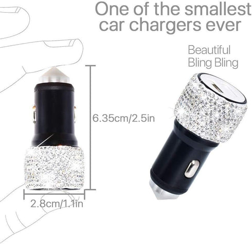 Dual USB Car Charger Bling Bling Handmade Rhinestones, Fast Charging Car Decor for iPhone, iPad Pro/Air, Samsung Galaxy