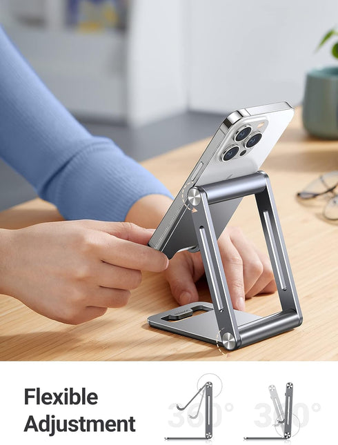 UGREEN Phone Stand for Desk Cell Phone Holder Adjustable Compatible with iPhone 15/14/13/12 Pro Max/11/XS Max/XR/X/8 Plus/Nintendo Switch, Aluminum Metal Desktop Phone Stand Portable, Space Grey