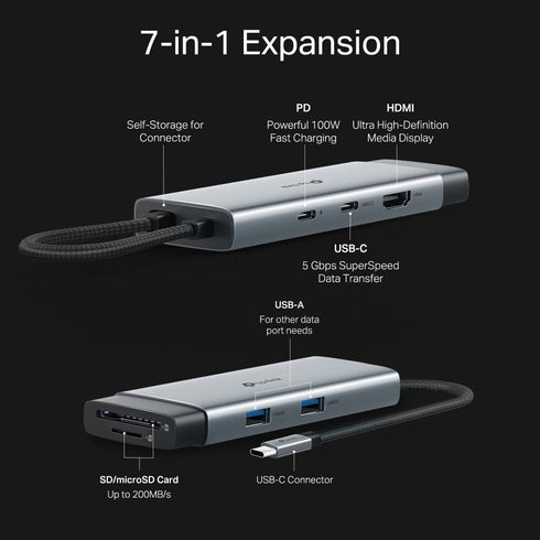 TP-Link 7-in-1 (UH7020C) 4K@60Hz 100W 1USB-C, 2USB-A 5Gbps USB C Hub Multiport Adapter | HDMI, SD & microSD, Power