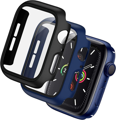 BHARVEST 2 Pack Hard PC Case for Apple Watch Series 9/8/7 45mm, with Tempered Glass Screen Protector, (Black+Blue)