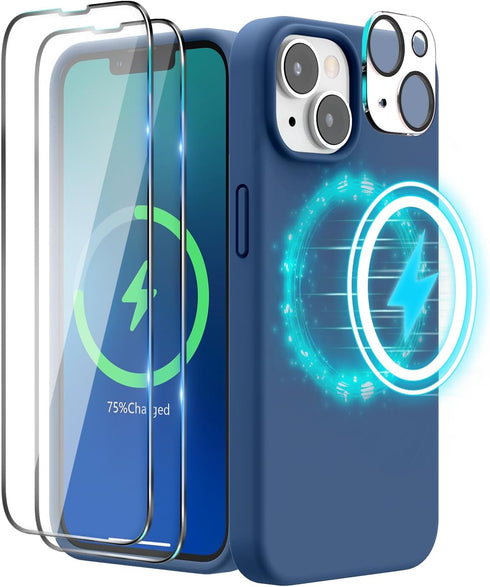 SURPHY iPhone 14 Case (6.1", 2022) - 4 in 1, MagSafe Compatible, Liquid Silicone, Blue Jay + 2 Pack Screen Protector &