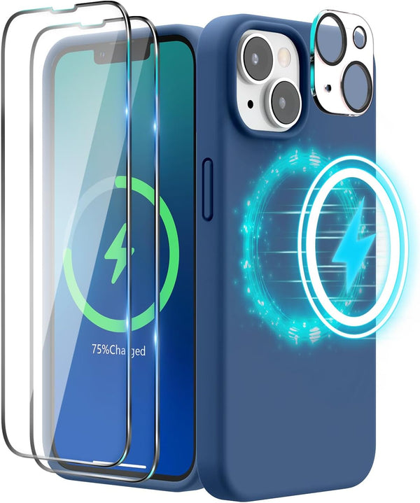 SURPHY iPhone 14 Case (6.1", 2022) - 4 in 1, MagSafe Compatible, Liquid Silicone, Blue Jay + 2 Pack Screen Protector &