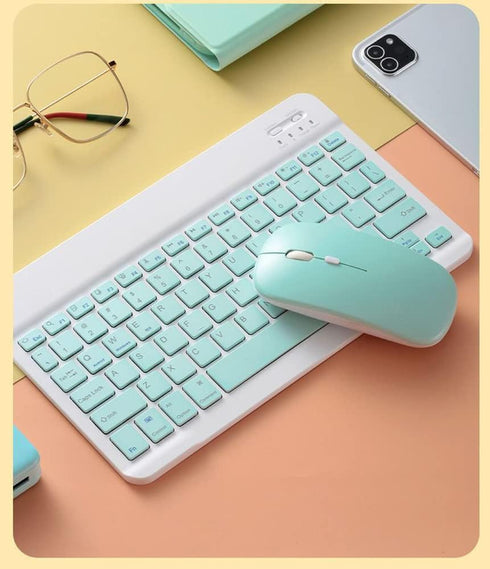 Bluetooth Wireless Keyboard and Mouse Combo, Ultra-Slim Ergonomic Rechargeable Set for Apple iPad iPhone Samsung (Green)