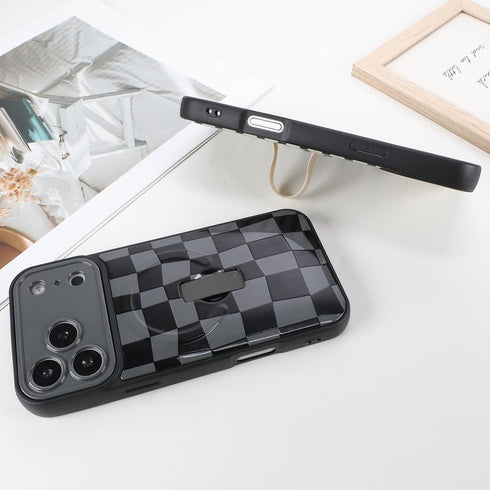 SOKAD 17 Magnetic Checkered Case for iPhone Pro Max with Finger Strap Kickstand, Compatible with Magsafe, Cute