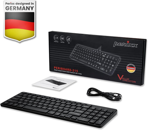 Perixx PERIBOARD-215B US Wired Keyboard, Ultra Slim Scissor Keys, 2 USB-A & USB-C Ports, Detachable Cable, Black