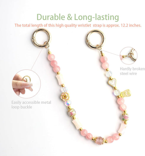 Cute Pink Phone Charm Beaded Strap, Adjustable Cell Phone Lanyard Wrist Strap for Women and Girls