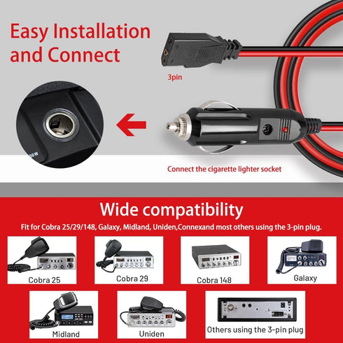 WoTravelPaL 3-Pin 2-Wire 16AWG 59 Inch, CB Radio Power Cord with Cigarette Lighter Plug, Fused Cable, Heavy-Duty Copper