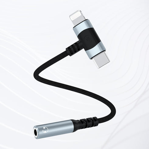 Headphone Adapter Compatible with iPhone 15 14 13, 2-in-1 Type-C & L-Port to 3.5mm Female Headphone Jack, HiFi Aux