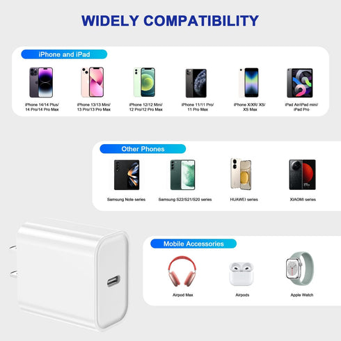 3Pack iPhone 15 Charge Block, USB C Charger Adapter, 20W Power Delivery Fast Charging Block for iPhone 15/14/13