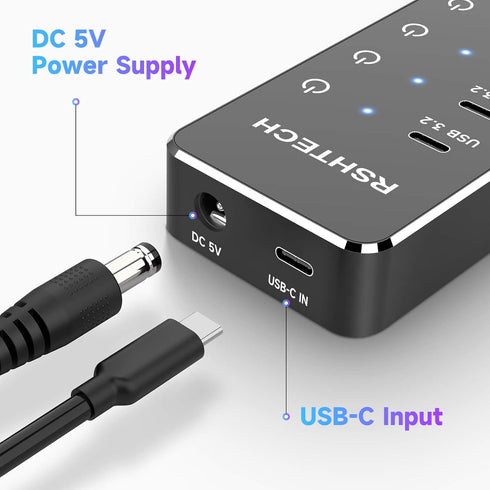 RSHTECH 7-Port Powered USB 3.2 Hub with 10Gbps USB-A 3.2, 2 USB-C 3.2, 4 USB 3.0 Ports, 3.3ft Cable