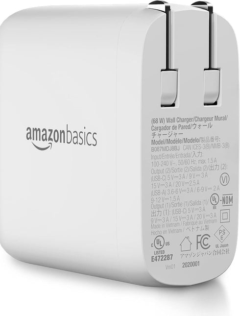 Amazon Basics 68W Two-Port GaN Wall Charger with 1 USB-C (60W) & 1 USB-A Ports (18W) with PD for Laptops, Tablets & Phones (iPhone 15/14/13/12/11/X,iPad,MacPro, Samsung, & more), non-PPS, White