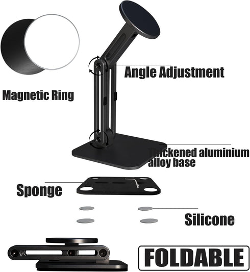 YUEFIELI 12-17All Magnetic Phone Stand for Desk, Heightened & Adjustable & Foldable Metal Magnetic Phone Holder Stand