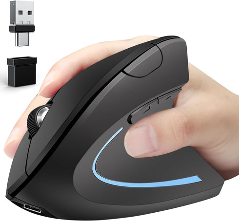 Ergonomic Wireless Mouse, Bluetooth Vertical Mouse with Three-mode Connection: BT5.0+USB A+USB C, Rechargeable, Black