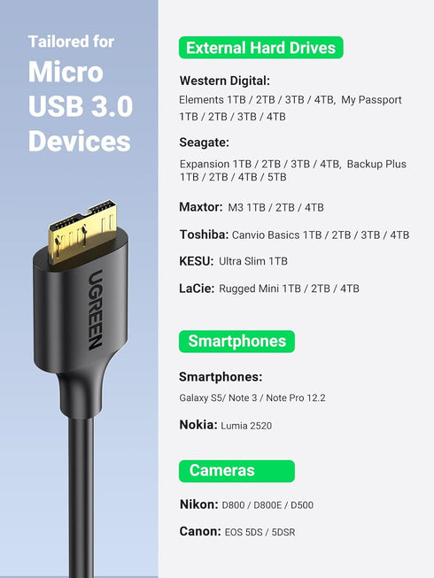 UGREEN 6ft Micro USB 3.0 Cable, Type A Male to Micro B, compatible with Samsung Galaxy S5, Note 3, cameras, and hard