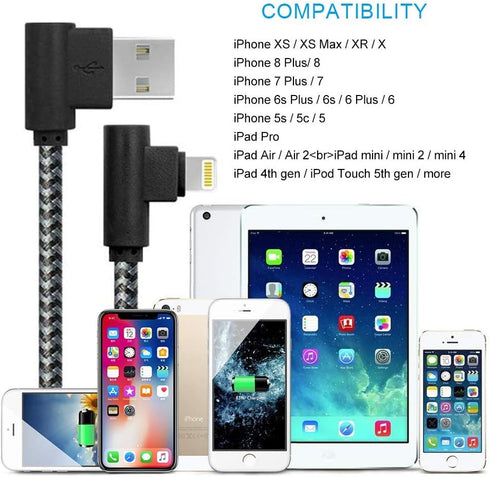 MFi Certified 1Ft iPhone Charger - Braided 90° Lightning Cable for iPhone 14, 13, 12, 11, Pro, X, XS, XR, 8, 7, 6, 5