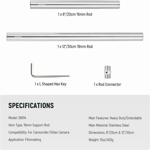 NEEWER Stainless Steel 19mm Support Rod Set - 8"/20cm and 12"/30cm Heavy Duty Rail Rods for Filmmaking