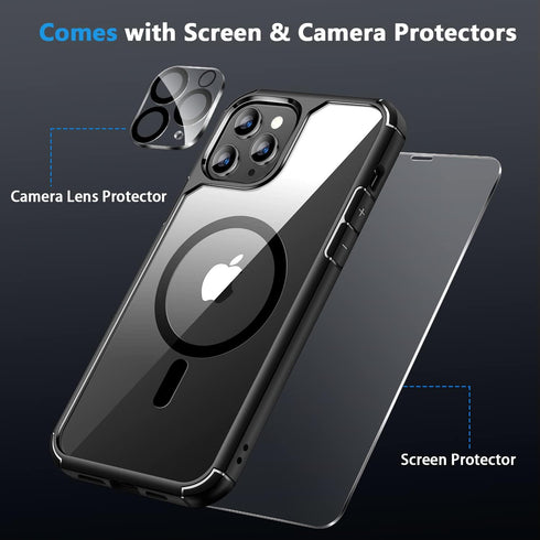 Amizee iPhone 11 Pro Magnetic Case with Screen & Camera Protectors, Clear Back, Shockproof, MagSafe Compatible (Black)