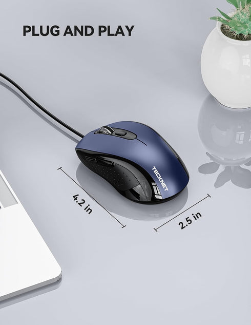 TECKNET USB Wired Mouse, 3600DPI Corded Computer Mouse with 4 Adjustable Levels, 6-Button Ergonomic Mice for Home and
