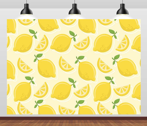 CORFOTO 7x5ft Summer Fabric Lemon Pattern Backdrop Yellow Lemons Slices Green Leaves Citrus Pattern Photography