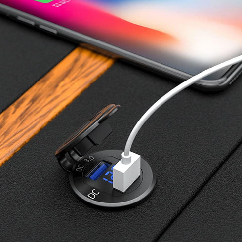 QC 3.0 Dual USB Fast Charger Socket - Digital Display of Battery Voltage 12V/24V, Double USB Port Power Outlet for