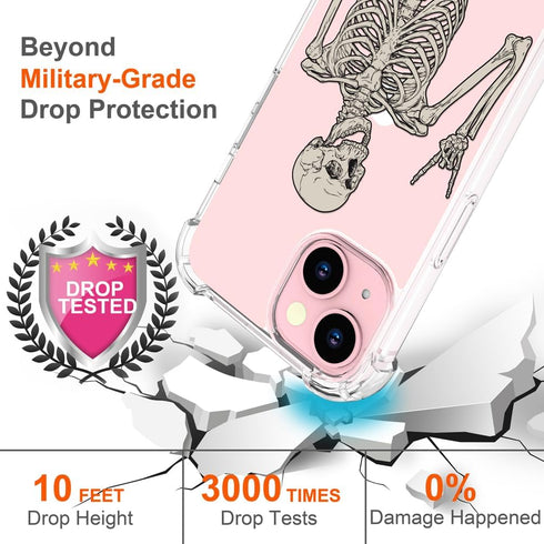 for iPhone 15 Case, Cute Skull Skeleton Clear Design, Girly Floral Transparent Case Compatible with iPhone 15
