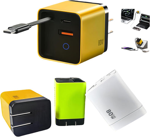 WoTeReVo 80W GaN Fast Charger with Retractable USB-C Cable 3-in-1 Wall Charger Block