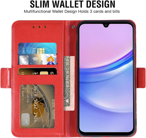 Asuwish Wallet Cover for Samsung Galaxy A15 5G, Red, with Tempered Glass Screen Protector and Leather Flip