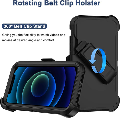 for iPhone 12 Case, iPhone 12 Pro Case with Belt Clip Holster, 2X Screen Protector, Heavy Duty Military Grade Full Body Shockproof Rugged Protective Cover for iPhone 12/12 Pro (Black B)