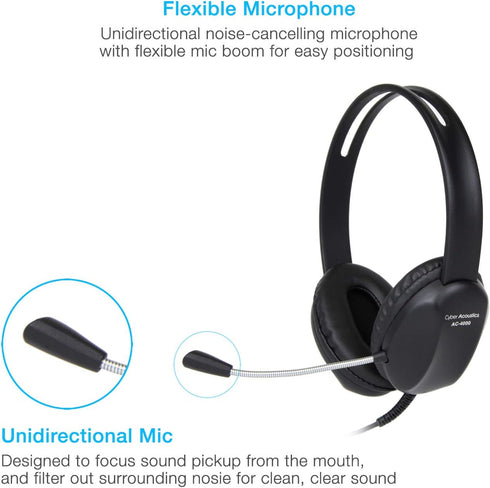 Cyber Acoustics Stereo PC Headset (AC-4000), 3.5mm Connection, Noise Canceling Microphone for PC, Mac, Tablets