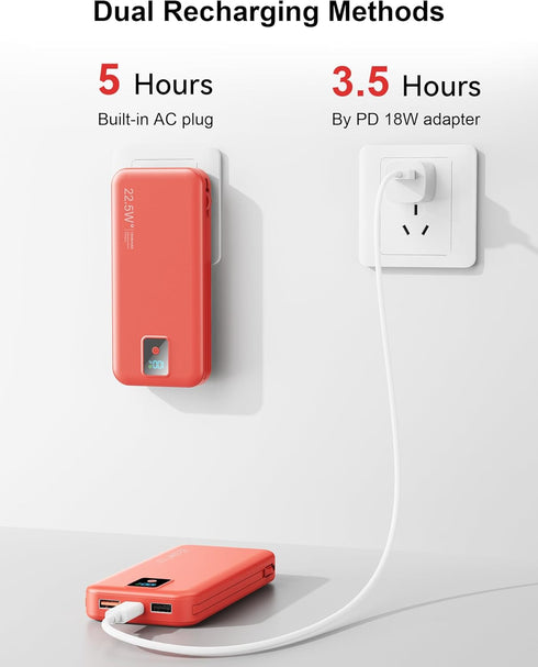 Rngsnoy 12000mAh 22.5W Pack Portable Charger, Fast Charging Power Bank with Built-in Cables & Wall Plug, Travel