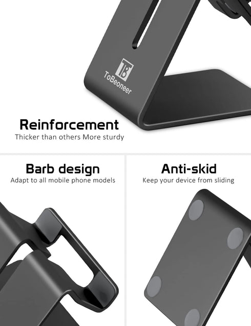 Aluminum Phone Stand for iPhone 16 15 14 13 12 11 X 8 7 6 Plus 5, Tablet, Samsung, Black