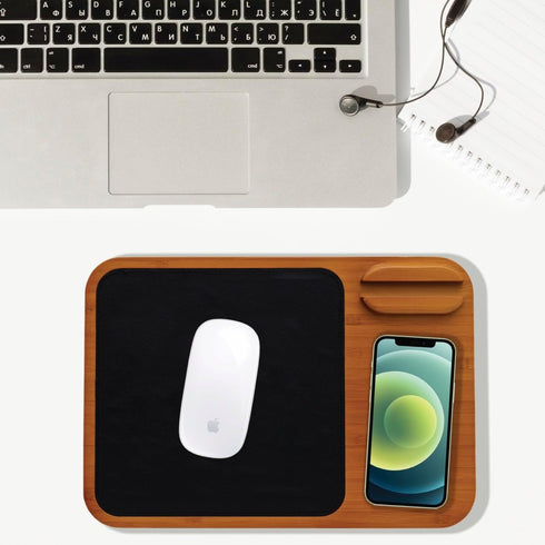 Oliver Gray 3-in-1 Wireless Charger & Mouse Pad, Charging Mat + Phone Holder, Wooden Finish, Vegan Leather
