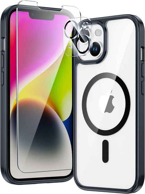 FNTCASE Clear Case for iPhone 14/iPhone 13, Magnetic Military Grade Drop Protection, Rugged Shockproof Bumper