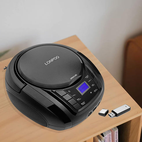 LONPOO Portable Boombox CD Player with FM Radio, USB, Bluetooth, AUX Input, Stereo Sound Speaker, Black