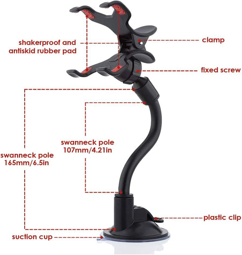 ivoler Car Phone Mount Windshield, Long Arm Clamp Universal Windshield with Double Clip Strong Suction Cup Cell Phone Holder Compatible with iPhone 15 14 13 Pro Max XS 7 8 Plus, Galaxy S24 S23 Ultra