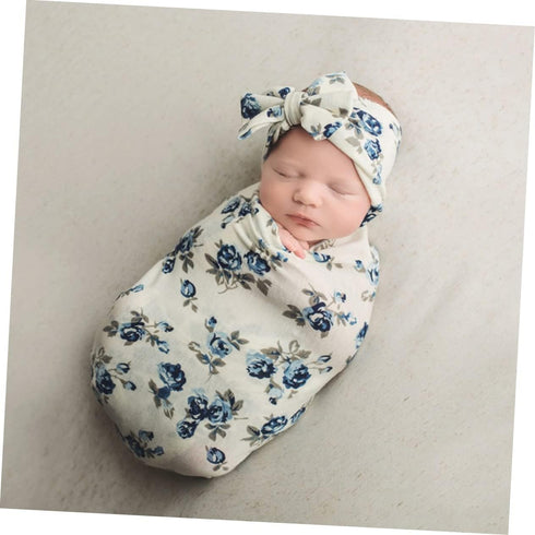 TAKESH 2 Sets DIXII Hair Band Receiving Blanket Newborn boy Clothes Floral Suit Photo Props Swaddle wrap Infant