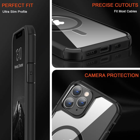 TENDLIN iPhone 11 Pro Magnetic Case - Crystal Clear Hard Back, Soft Bumper, MagSafe Compatible (Black)