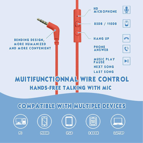 Kids Volume Limited 85/96dB Headphones, Wired Over-Ear/On-Ear Foldable Headset with Inline Cable Aux 3.5mm Cord Mic