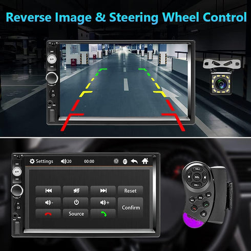 Podofo Double Din Bluetooth Car Stereo with Backup Camera, 7" Touch Screen, MP5 Player, Bluetooth Hands-Free Call