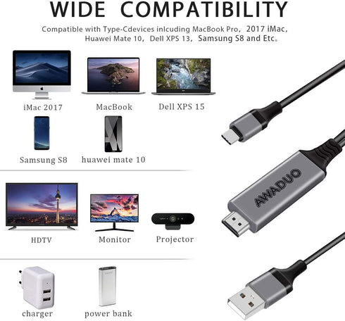 USB C to HDMI Adapter with Charging Cable, 4K 30Hz Compatible with MacBook 2018, iPad Pro, 6.6FT (Black)