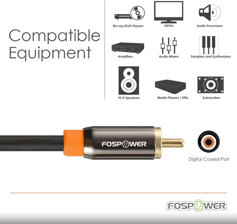 FosPower Digital Audio Coaxial Cable, 24K Gold Plated Connectors, 3ft, RCA Male to RCA Male