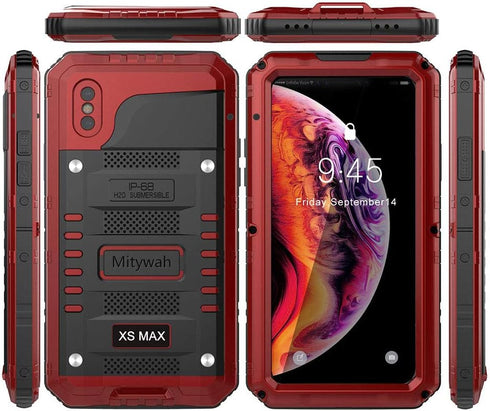Mitywah Waterproof Case for iPhone Xs MAX - Heavy Duty Military Grade Defender Phone Case with Full Body Protection, Red