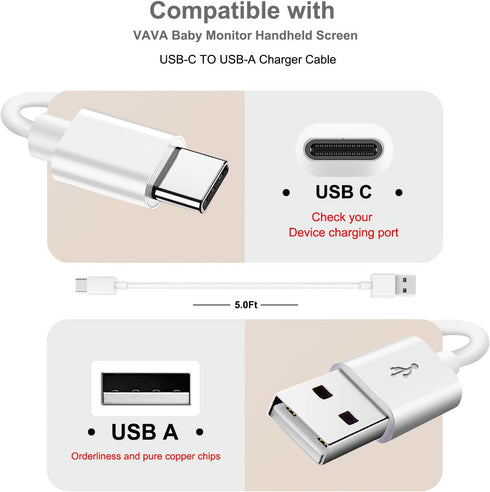 USB C Power Cord 5V Charger for VAVA Baby Monitor Handheld Screen Adapter, 5ft Charging Cord