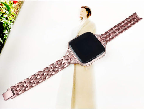 Bands Compatible with Fitbit Versa 2/Versa Lite/Versa, Women Replacement Metal Rhinestone Bracelet, Rose Gold